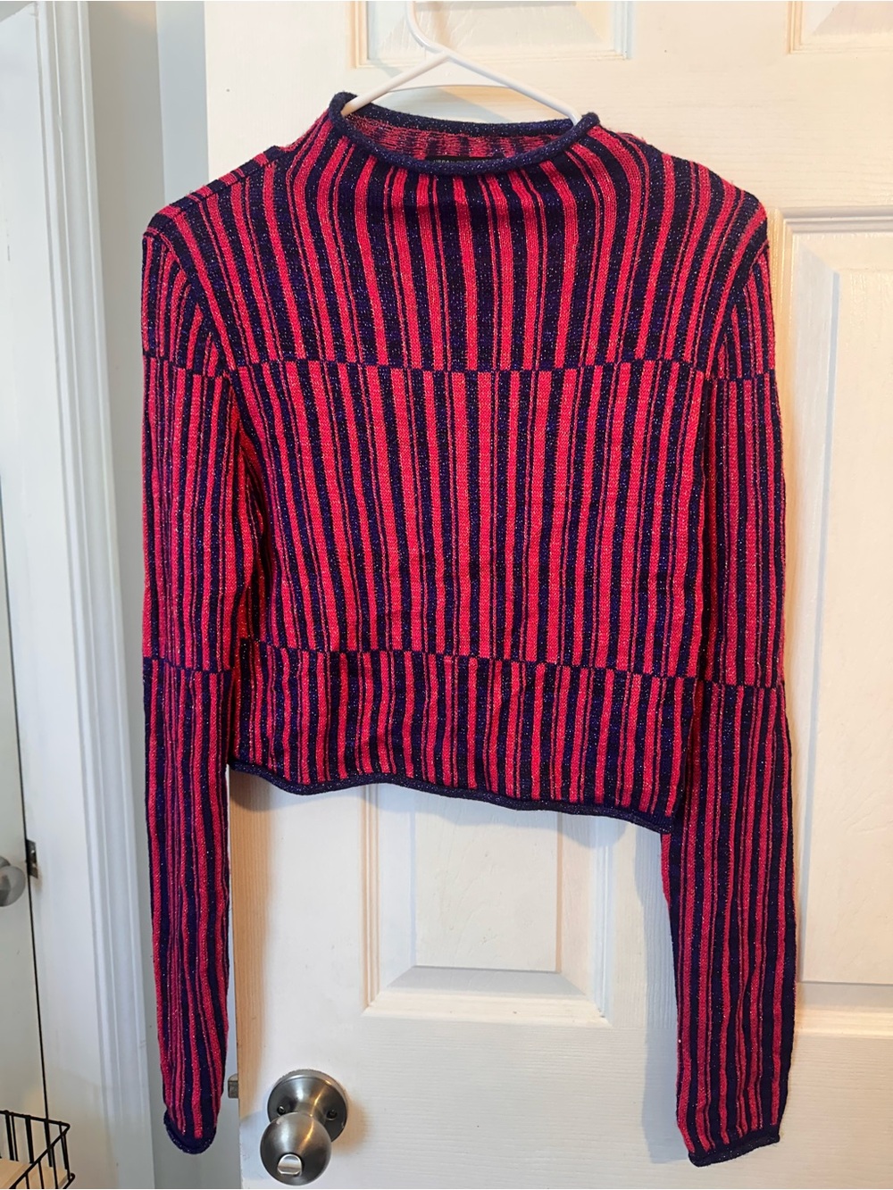 Urban Outfitters Pink & Navy Striped Cropped Mock Neck Sweater w/metallic thread